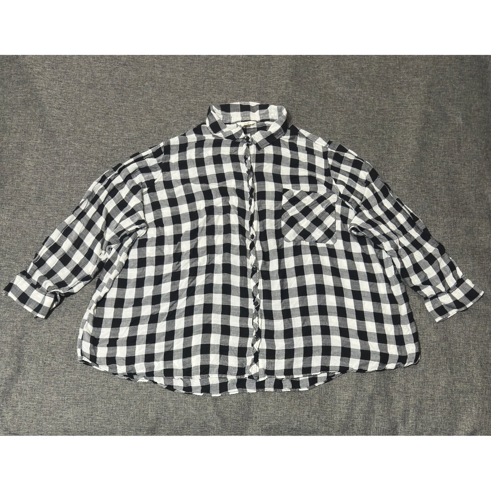Terra & Sky Women's 5X Button Up Shirt Black White Buffalo Plaid Long Sleeve